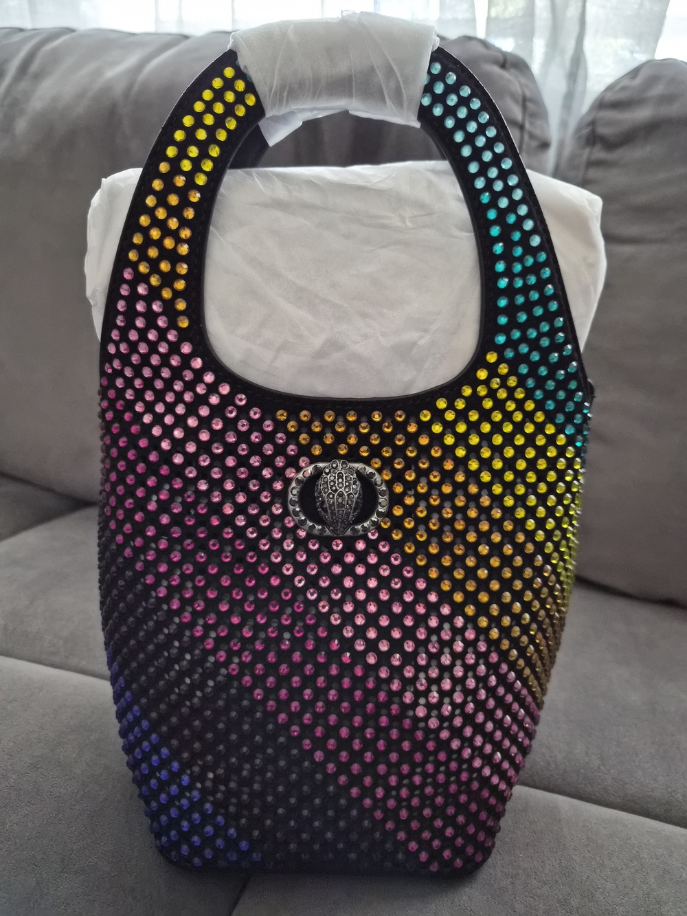 Studded Multicolor Crystal Bucket Bag Black with Pink, Yellow & Blue Accents